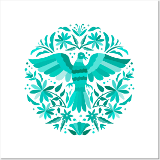 Flying Bird - Mexican Otomí Stamp Design in Turquoise Shades by Akbaly Posters and Art